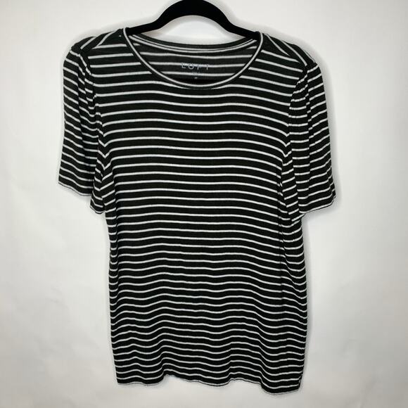 LOFT Black White Striped Puff Sleeve Sweater Sz Medium - Picture 1 of 4
